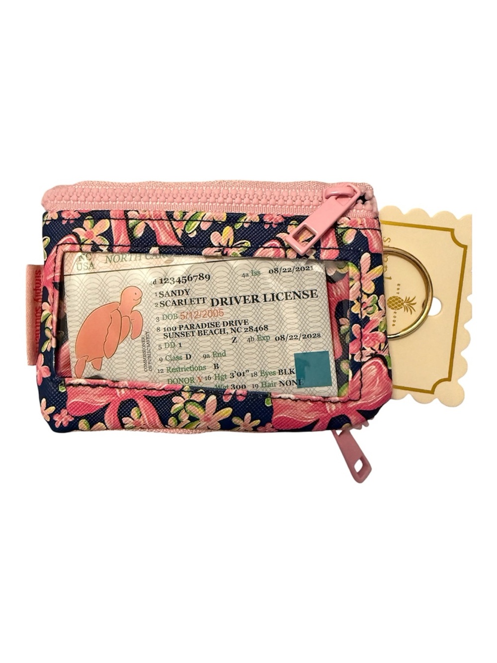 Floral Pink Navy Zip Card Holder